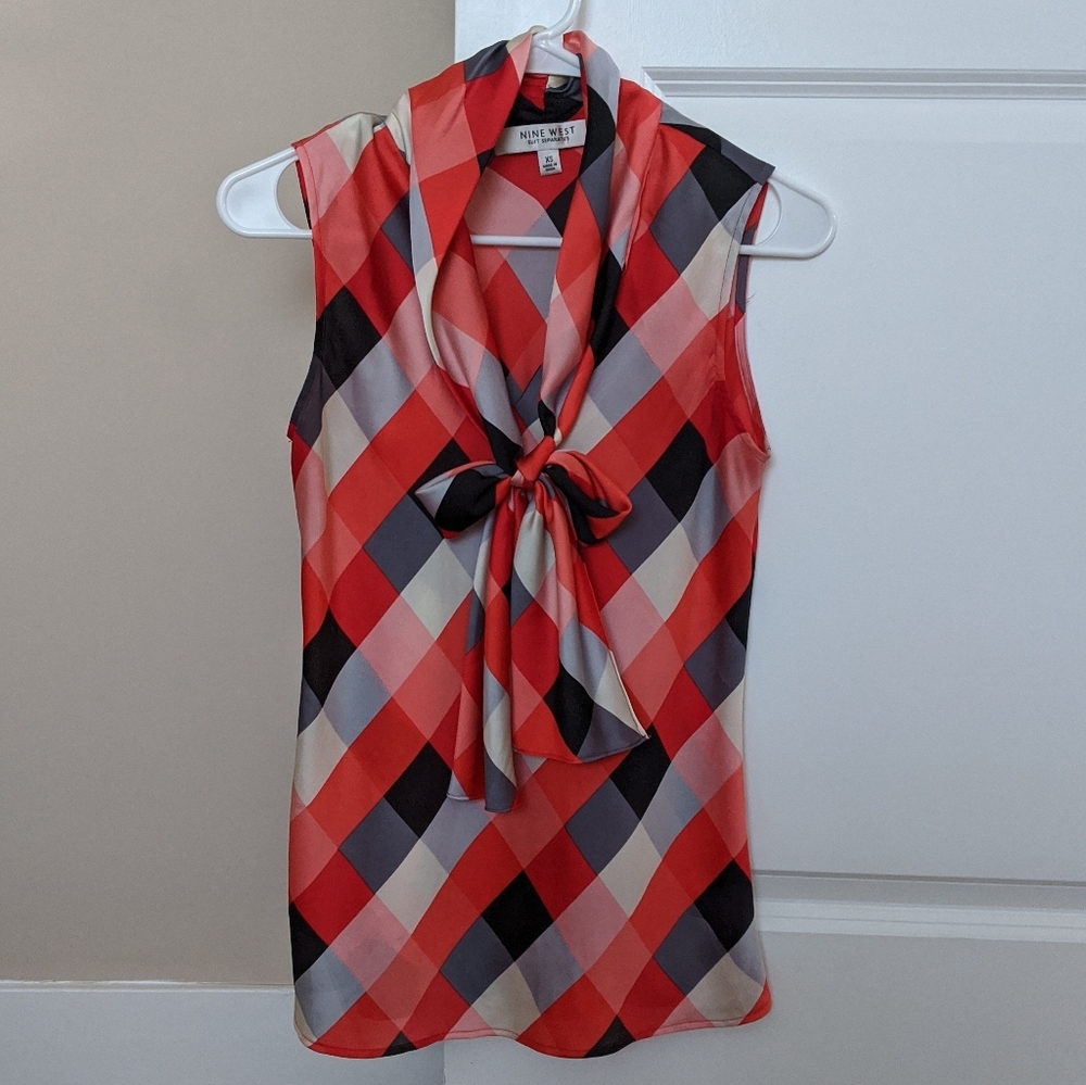Nine West Satin Tie Neck Sleeveless Blouse
